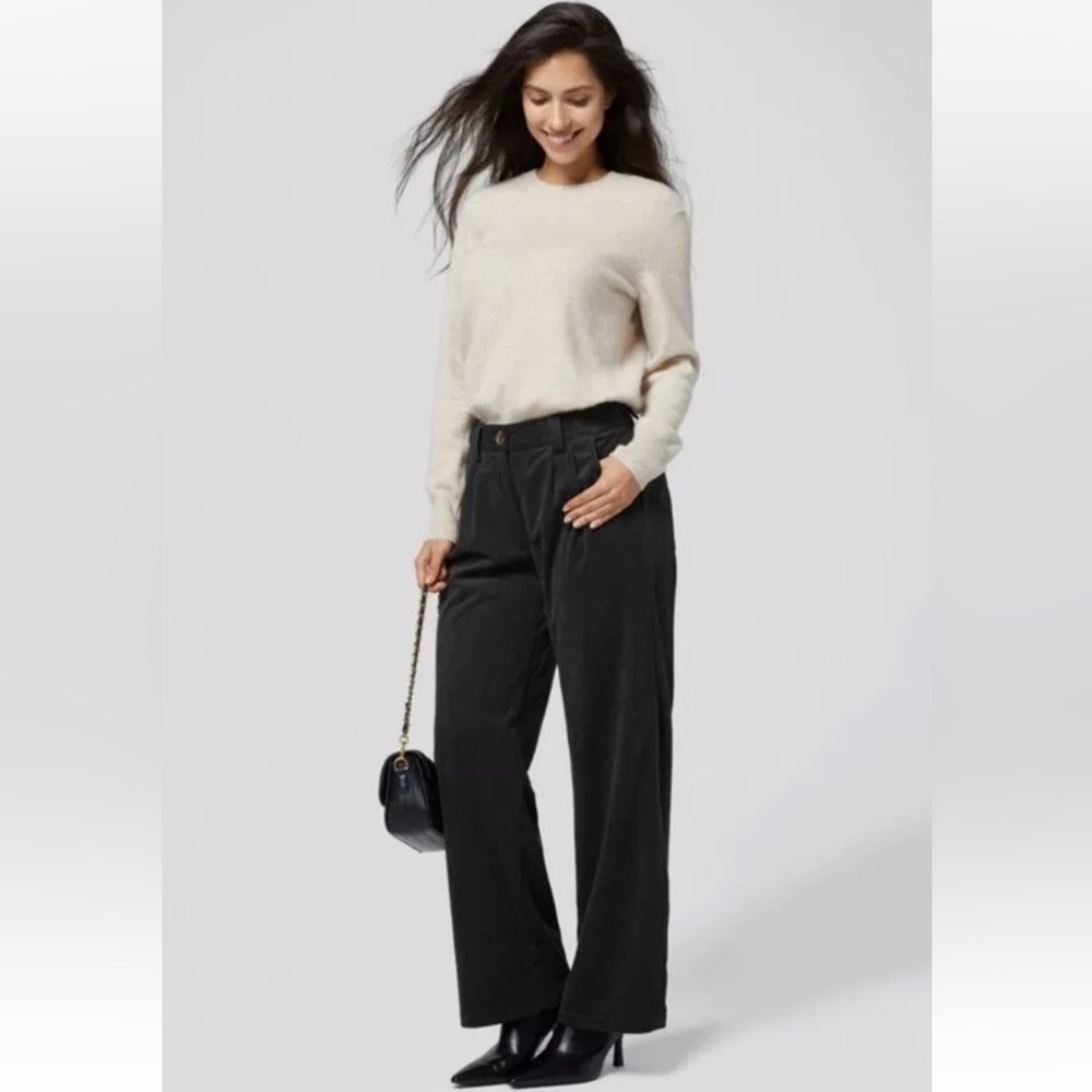 Halara Black Back Elastic Waist Pockets Zip Corduroy Flare Leg Pants L NWT